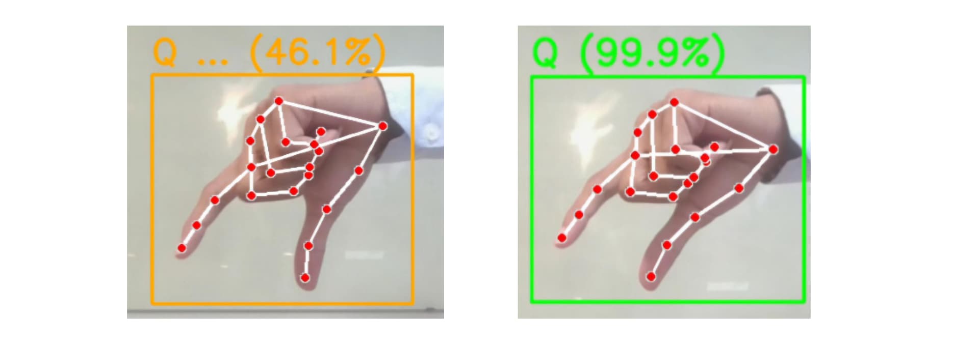 An image showing letter Y gesture is processed with MediaPipe landmark and BBox before fit into the model.