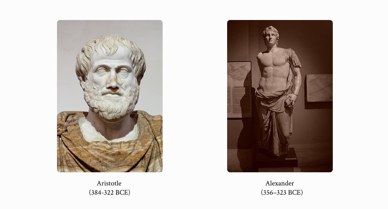 Left: marble bust of Aristotle (384-322 BCE). Right: standing statue of Alexander the Great (356-323 BCE).